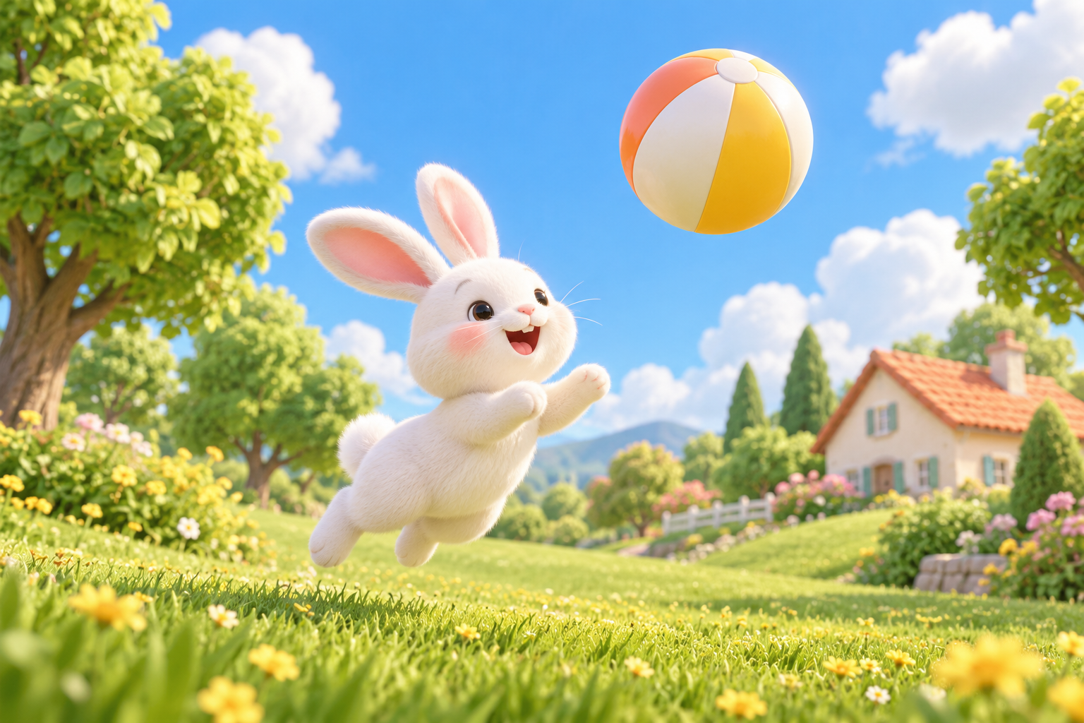 Original demo illustration of a white rabbit playing outdoors with a beach ball
